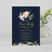 Goud Roze Blush Navy Bloemen Meisjes Eerste Commun Folie Uitnodiging (Staand Voorkant)
