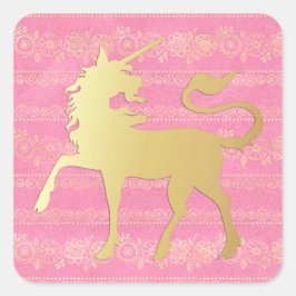 Goud & Roze Boheemse Patroon & Eenhoorn Vierkante Sticker