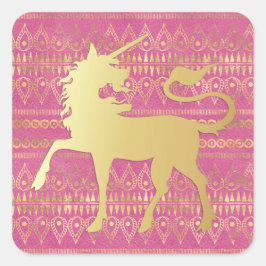 Goud & Roze Boheemse Patroon & Eenhoorn Vierkante Sticker