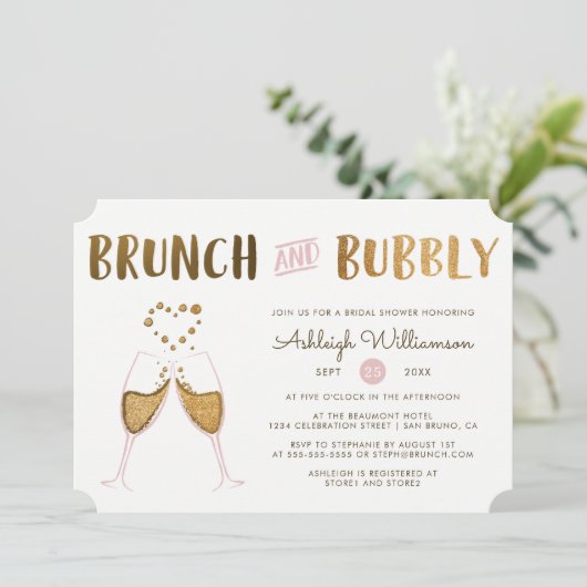 Goud & Roze Brunch & Bruisende Wijn Trouw Bruidsfe Kaart (Staand voorkant)