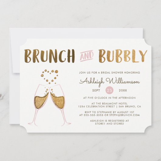 Goud & Roze Brunch & Bruisende Wijn Trouw Bruidsfe Kaart (Voorkant)