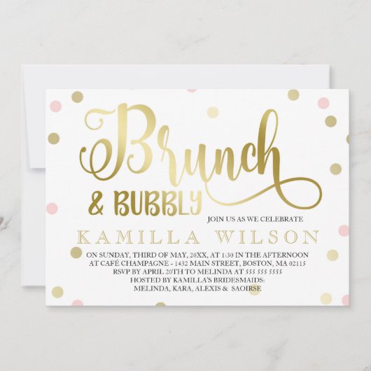 Goud & Roze Confetti Brunch & Bubbly Vrijgezellenf Kaart (Voorkant)