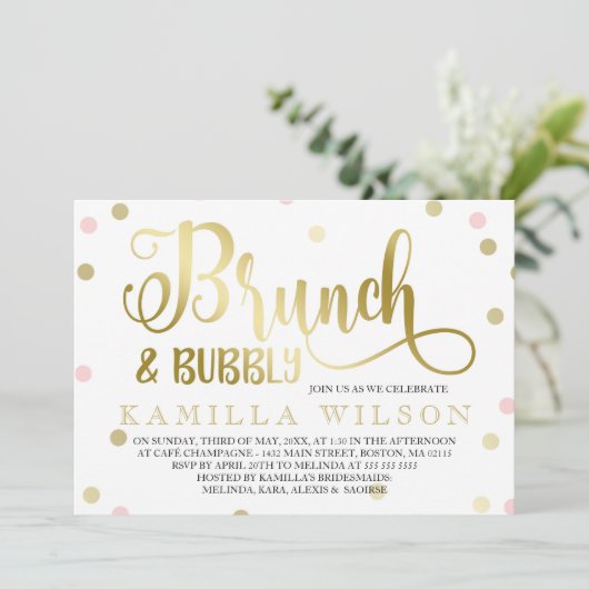 Goud & Roze Confetti Brunch & Bubbly Vrijgezellenf Kaart (Staand voorkant)