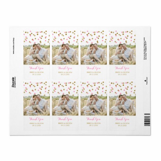 Goud Roze Confetti Foto Trouwlabels Etiket (Full Sheet)