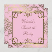 Goud Roze Damask Sweet 16 Verjaardagsfeest Kaart (Voorkant / Achterkant)