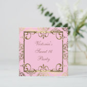 Goud Roze Damask Sweet 16 Verjaardagsfeest Kaart (Staand voorkant)