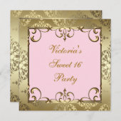 Goud Roze Damask Sweet 16 Verjaardagsfeest Kaart (Voorkant / Achterkant)