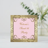 Goud Roze Damask Sweet 16 Verjaardagsfeest Kaart (Staand voorkant)