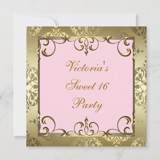 Goud Roze Damask Sweet 16 Verjaardagsfeest Kaart (Voorkant)