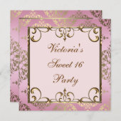 Goud Roze Damask Sweet 16 Verjaardagsfeest Kaart (Voorkant / Achterkant)
