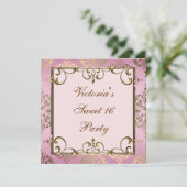 Goud Roze Damask Sweet 16 Verjaardagsfeest Kaart (Staand voorkant)