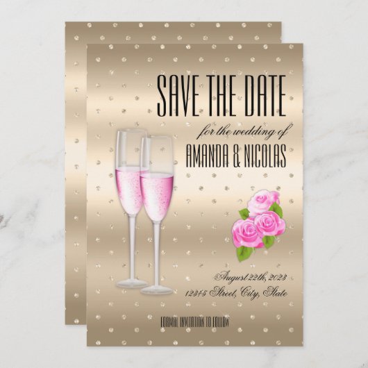Goud roze elegante champagne Save The Date Huwelij Kaart (Voorkant / Achterkant)