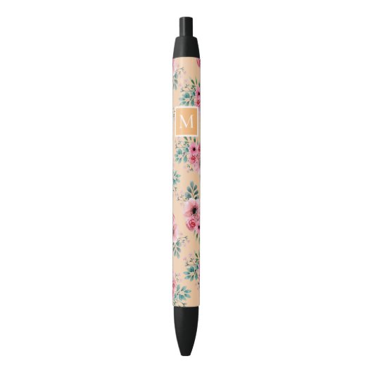 Goud | Roze en groene Floral-monogram Zwarte Inkt Pen (Voorkant Verticaal)
