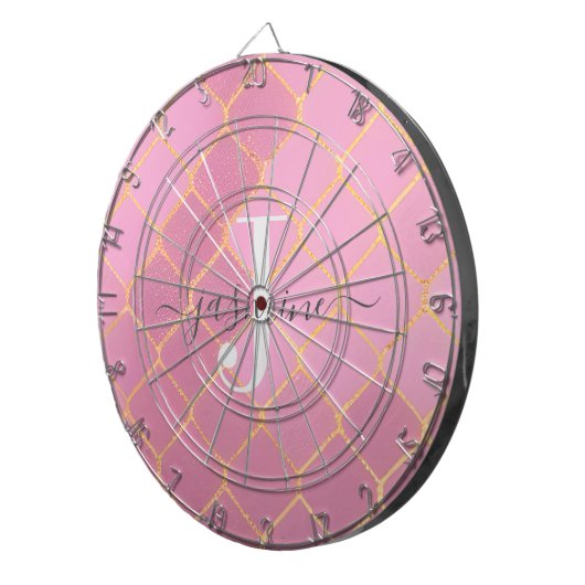 Goud & Roze Girly Glitter Monogram Script Dartbord (Voorkant Rechts)