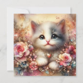 Goud Roze Glitter Bloemen Waterverf Kat Valentijn Feestdagenkaart (Voorkant)