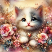 Goud Roze Glitter Bloemen Waterverf Kat Valentijn Feestdagenkaart