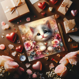 Goud Roze Glitter Bloemen Waterverf Kat Valentijn Feestdagenkaart