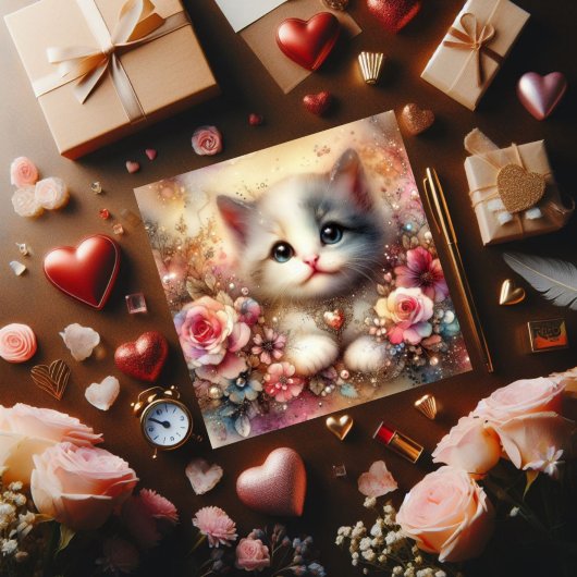 Goud Roze Glitter Bloemen Waterverf Kat Valentijn Feestdagenkaart