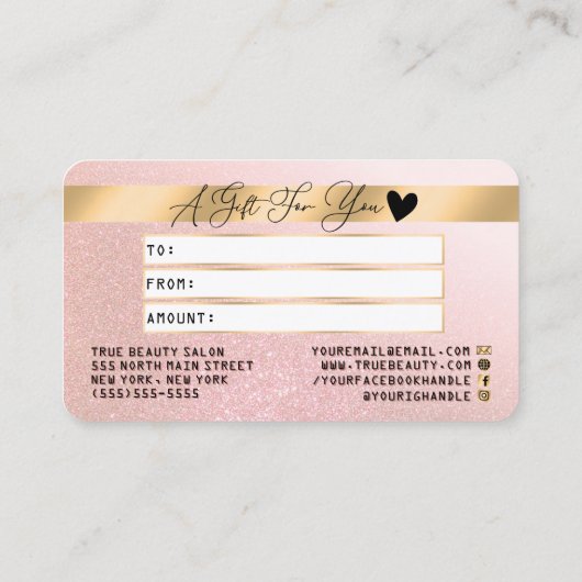 Goud Roze Glitter Credit Logo Cadeaubon Visitekaartje (Achterkant)