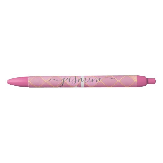 Goud & Roze Glitter Monogram Schrift Zwarte Inkt Pen (Voorkant)