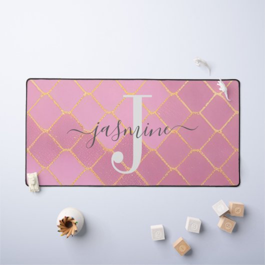 Goud & Roze Glitter Monogram Script Bureaumat (Kindertafel)