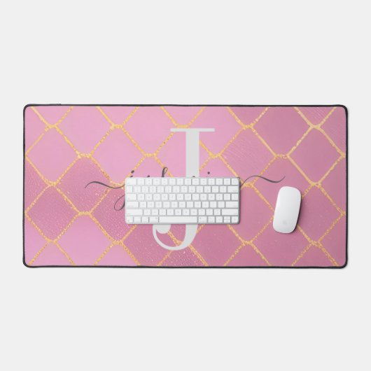 Goud & Roze Glitter Monogram Script Bureaumat (Keyboard & Muis)
