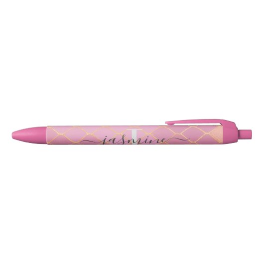 Goud & Roze Glitter Monogram Script Zwarte Inkt Pen (Bovenkant)