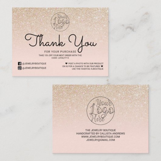 Goud Roze Glitter Ombre Klant Bedankt Visitekaartje (Voorkant / Achterkant)