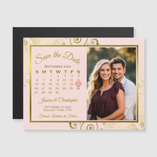 Goud & Roze Kalender & Foto Save the Date Magneet Magnetische Uitnodiging