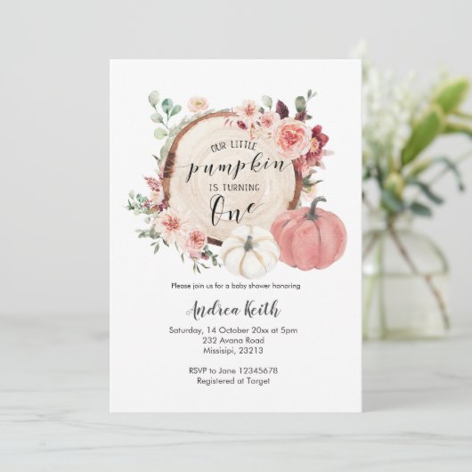 Goud Roze kleine pompoen wordt één uitnodiging (Staand voorkant)