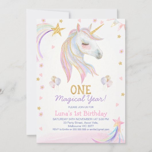 Goud Roze Magisch Jaar Eenhoorn 1e Verjaardag Kaart (Voorkant)