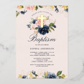 Goud Roze Marine Bloemen Doop Folie Uitnodiging (Voorkant)