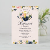 Goud Roze Marine Bloemen Doop Folie Uitnodiging (Staand Voorkant)