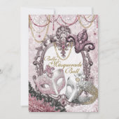 Goud Roze Masquerade Verjaardagsfeestuitnodigingen Kaart (Voorkant)
