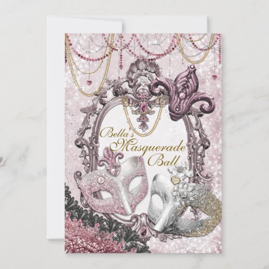 Goud Roze Masquerade Verjaardagsfeestuitnodigingen Kaart (Voorkant)
