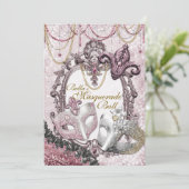 Goud Roze Masquerade Verjaardagsfeestuitnodigingen Kaart (Staand voorkant)