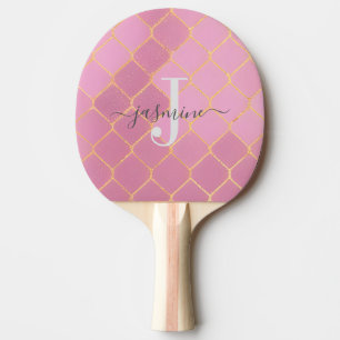 Goud & Roze Meisjesachtige Glitter Monogram Schrif Tafeltennisbatje