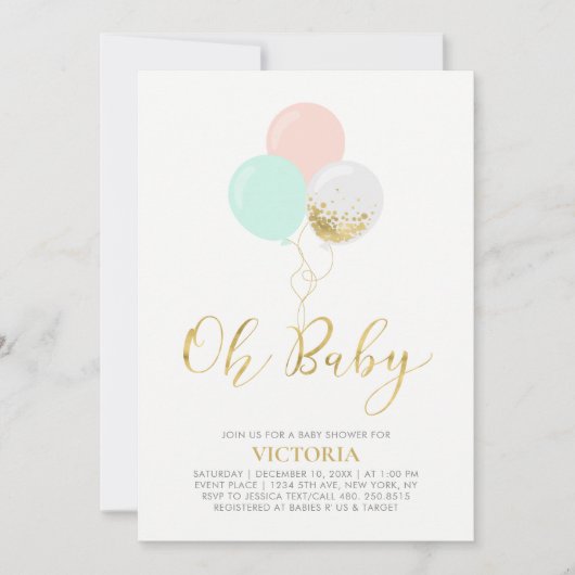 Goud, roze, mint-ballonnen | O BABY BABY SHOWER Kaart (Voorkant)