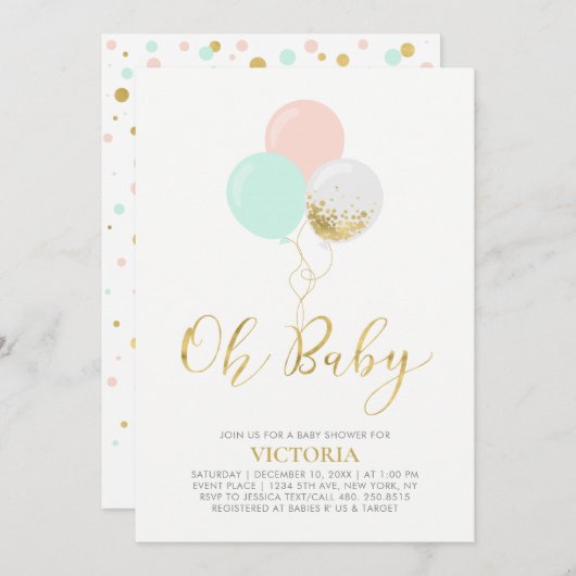 Goud, roze, mint-ballonnen | O BABY BABY SHOWER Kaart (Voorkant / Achterkant)