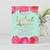 Goud, Roze & Mint Bloemen Bruids Douche Uitnodigin Kaart (Staand voorkant)