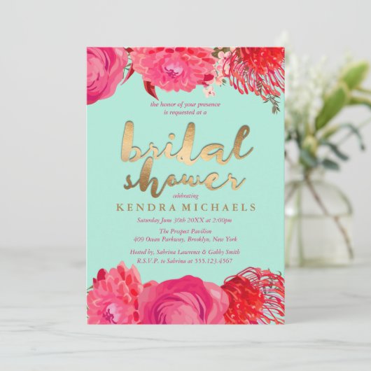 Goud, Roze & Mint Bloemen Bruids Douche Uitnodigin Kaart (Staand voorkant)