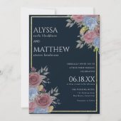 Goud roze navy blauw waterverf bloemenbruiloft kaart (Voorkant)