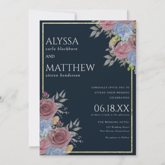 Goud roze navy blauw waterverf bloemenbruiloft kaart (Voorkant)