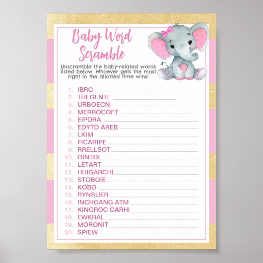 Goud Roze Olifant Baby Word Scramble Game Poster (Voorkant)