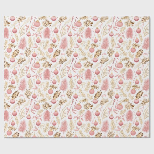 Goud & Roze Ornamenten & Greenery Pattern Cadeaupapier (Vlak)