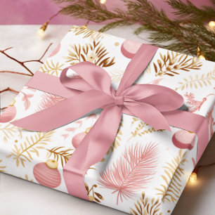 Goud & Roze Ornamenten & Greenery Pattern Cadeaupapier