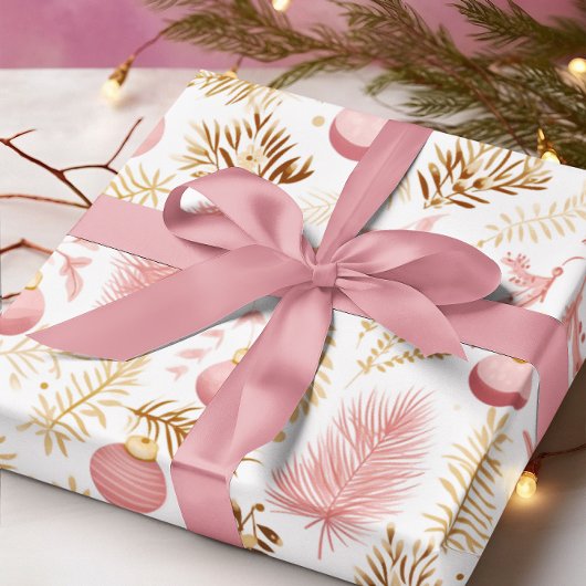 Goud & Roze Ornamenten & Greenery Pattern Cadeaupapier