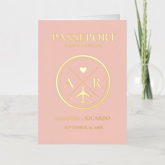 Goud & Roze Pluche Paspoort Bruiloft Uitnodiging (Voorkant)