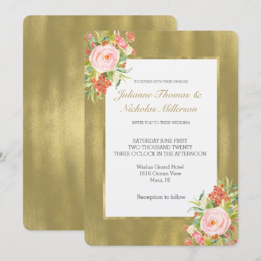 Goud Roze Roze Bruiloft Kaart (Voorkant / Achterkant)