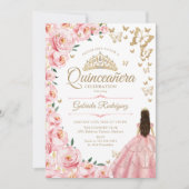 Goud Roze Rozen Vlinders Quinceanera Kaart (Voorkant)
